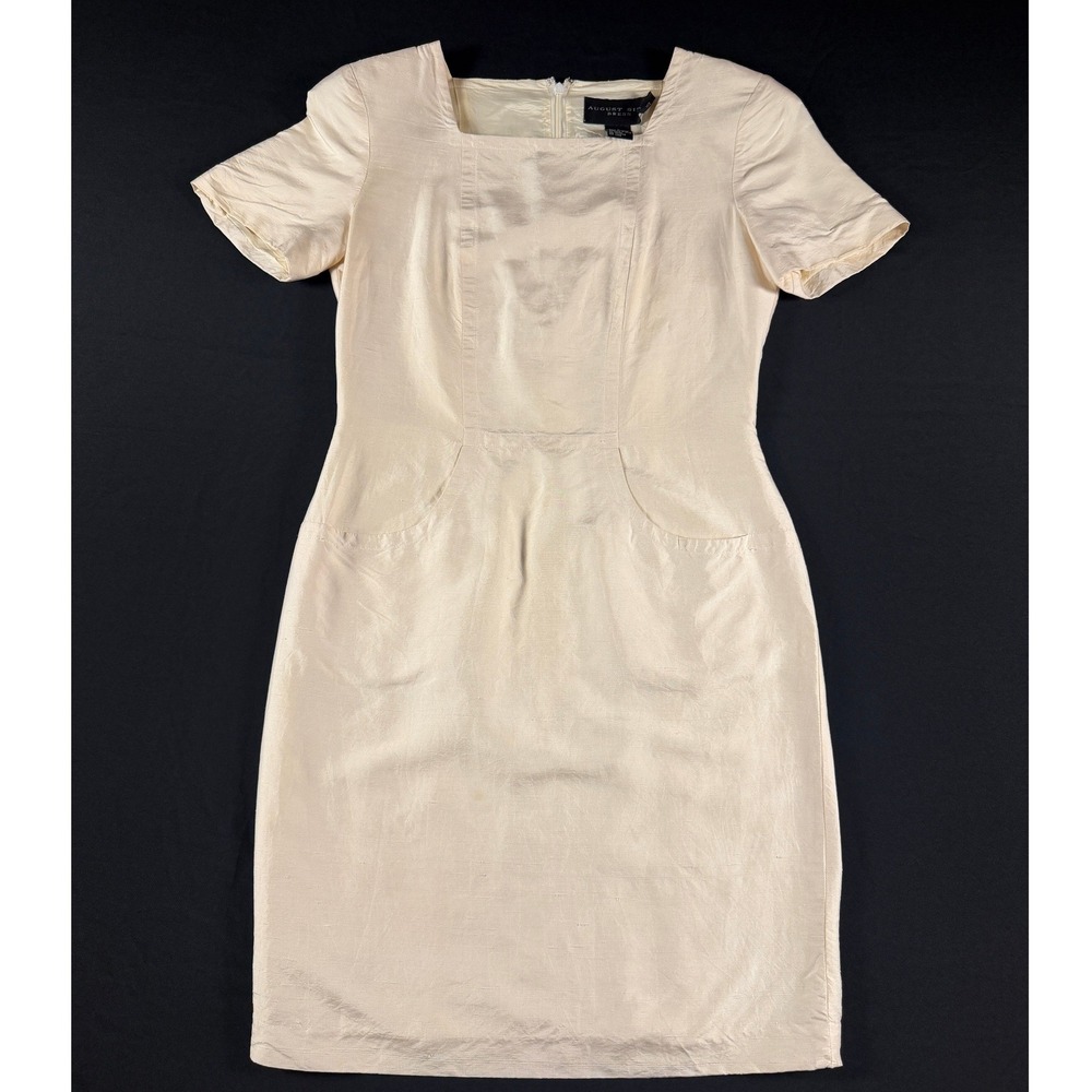 August Silk Womens Cream Silk Square Neck Sheath Dress Size 6 Y2K Minimalist